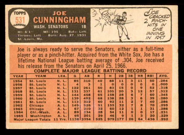 1966 Topps Baseball #531 Joe Cunningham Senators NR-MT 553711