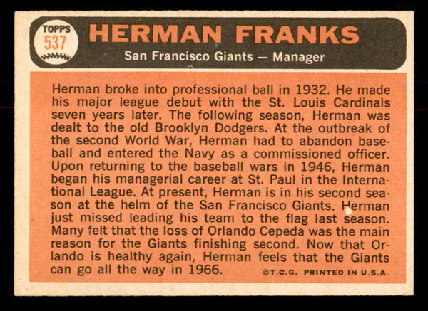 1966 Topps Baseball #537 Herman Franks Giants EX-MT 553722