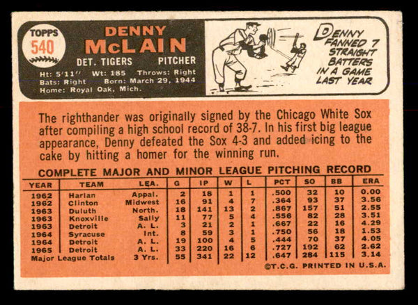 1966 Topps Baseball #540 Denny McLain Tigers EX 553728