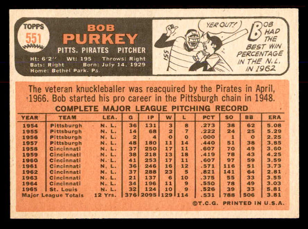 1966 Topps Baseball #551 Bob Purkey Pirates EX-MT 553750