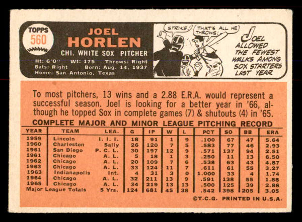 1966 Topps Baseball #560 Joel Horlen White Sox VG 553770