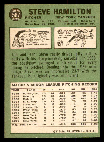 1967 Topps Baseball #567 Steve Hamilton Yankees NR-MT 554080