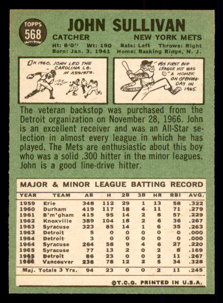 1967 Topps Baseball #568 John Sullivan Mets EX-MT 554089