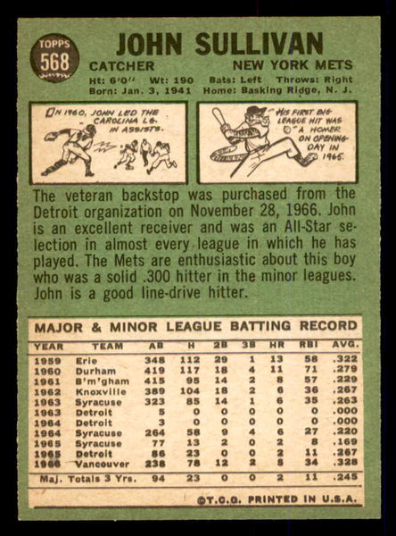 1967 Topps Baseball #568 John Sullivan Mets EX-MT 554090