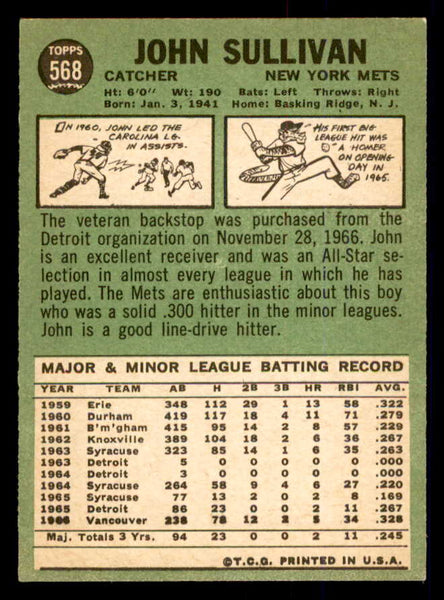 1967 Topps Baseball #568 John Sullivan Mets EX-MT 554092