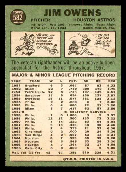 1967 Topps Baseball #582 Jim Owens Astros EX-MT 554166