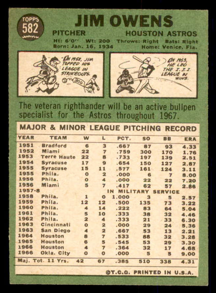 1967 Topps Baseball #582 Jim Owens Astros EX 554168