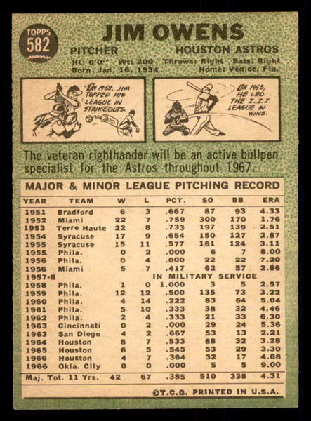 1967 Topps Baseball #582 Jim Owens Astros EX 554169