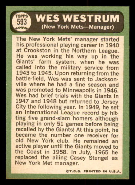 1967 Topps Baseball #593 Wes Westrum Mets NR-MT 554239