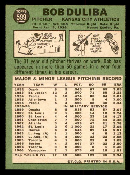 1967 Topps Baseball #599 Bob Duliba A's EX-MT 554293