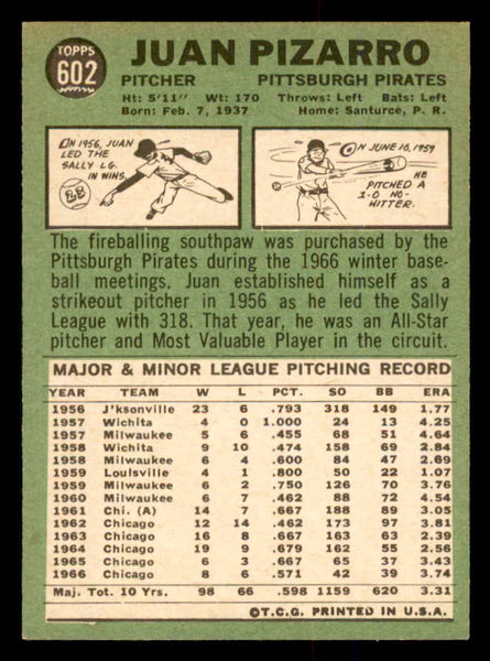 1967 Topps Baseball #602 Juan Pizarro Pirates NR-MT 554306