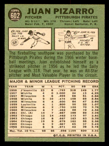 1967 Topps Baseball #602 Juan Pizarro Pirates EX+/EX-MT 554310