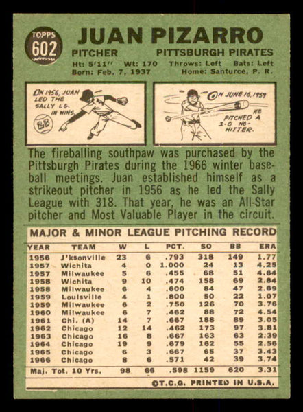 1967 Topps Baseball #602 Juan Pizarro Pirates EX-MT 554311