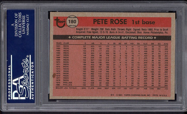 1981 Topps #180 Pete Rose Phillies PSA 8 NM/MT 554382