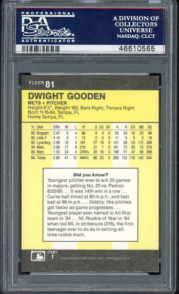 1986 Fleer #081 Dwight Gooden Mets PSA 10 GEM MINT 554445