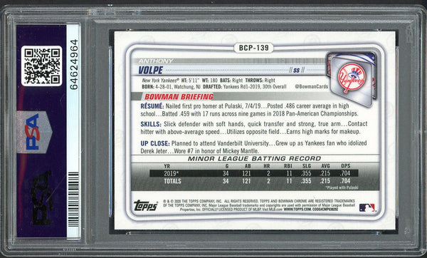 2020 Bowman Chrome #BCP139 Anthony Volpe Yankees PSA 10 GEM MINT 554451