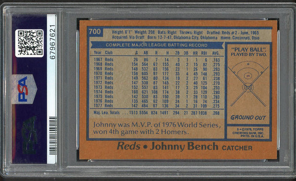1978 Topps Baseball #700 Johnny Bench Reds PSA 9 MINT 554466
