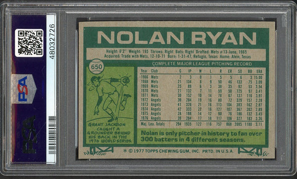 1977 Topps Baseball #650 Nolan Ryan Angels PSA 8 NM/MT 554467