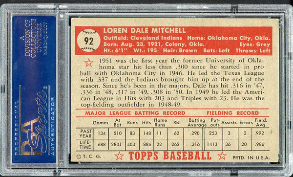 1952 Topps Baseball #092 Dale Mitchell Indians PSA 5 EX 554491