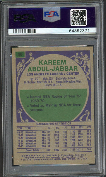 1975 Topps Basketball #090 Kareem Abdul Jabbar Lakers PSA 8 NM/MT 554520