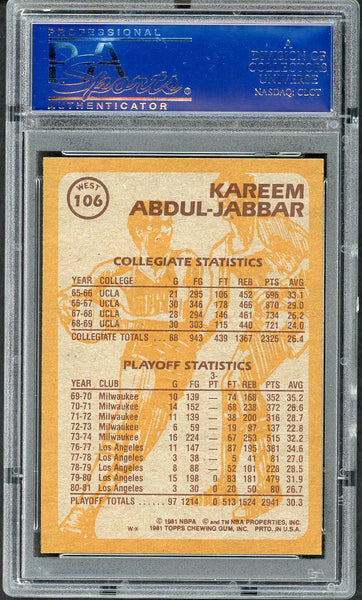 1981 Topps West #106 Kareem Abdul Jabbar IA Lakers PSA 9 MINT 554523