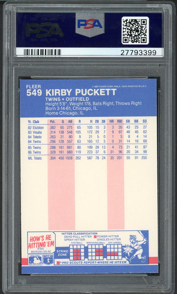 1987 Fleer Glossy #549 Kirby Puckett Twins PSA 9 MINT 554547