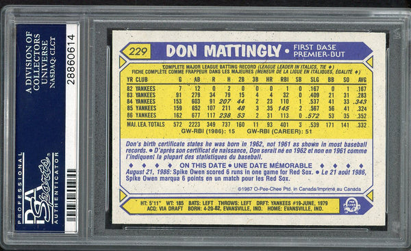 1987 O Pee Chee #229 Don Mattingly Yankees PSA 10 GEM MINT 554605