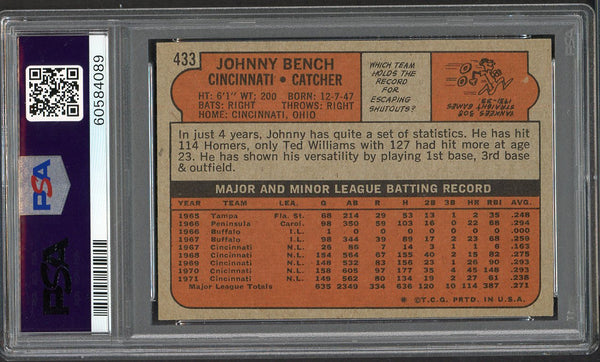 1972 Topps Baseball #433 Johnny Bench Reds PSA 8 NM/MT 554632
