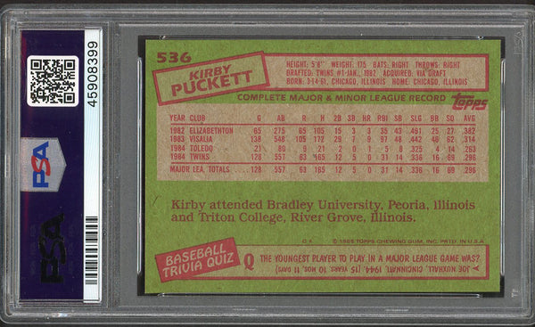 1985 Topps #536 Kirby Puckett Twins PSA 9 MINT 554641