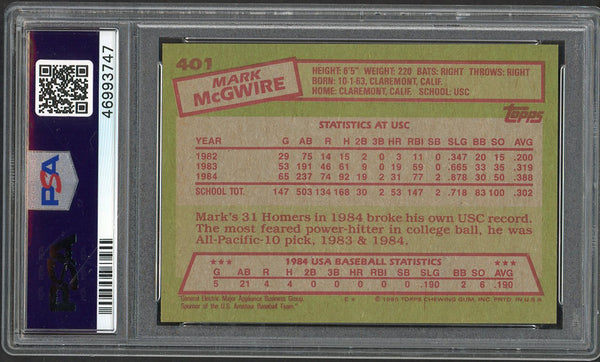 1985 Topps #401 Mark McGwire A's PSA 9 MINT 554655