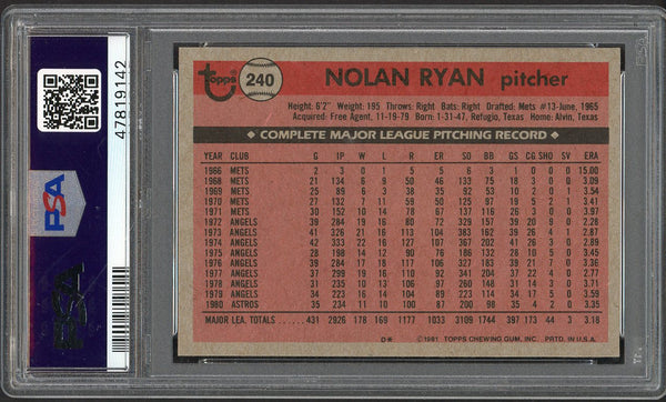 1981 Topps #240 Nolan Ryan Astros PSA 9 MINT 554659