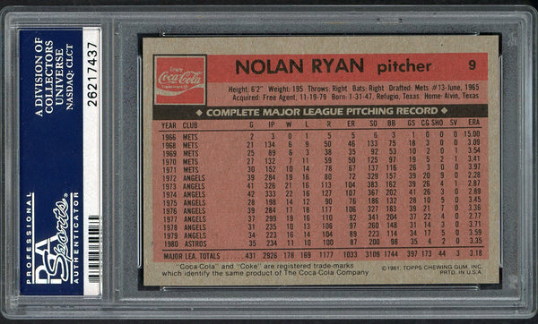 1981 Coca Cola #009 Nolan Ryan Astros PSA 9 MINT 554660