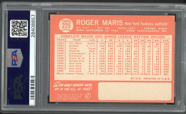 1964 Topps Baseball #225 Roger Maris Yankees PSA 4 VG-EX 554661