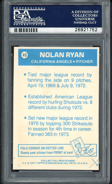 1977 Topps Baseball Cloth Stickers #040 Nolan Ryan Angels PSA 8 NM/MT 554666