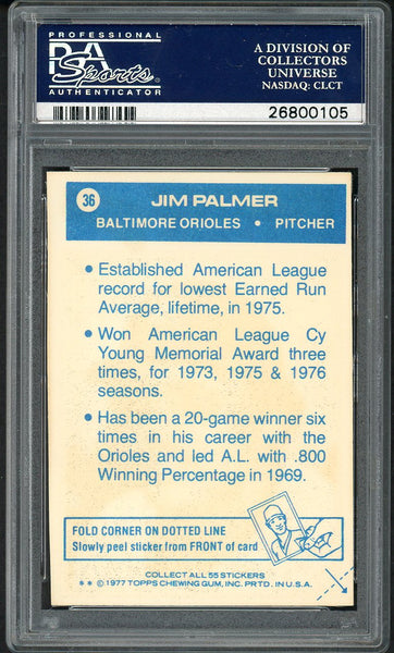 1977 Topps Baseball Cloth Stickers #036 Jim Palmer Orioles PSA 7 NM 554667
