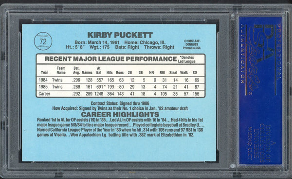 1986 Donruss #072 Kirby Puckett Twins PSA 10 GEM MINT 554689