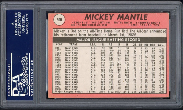 1969 Topps Baseball #500 Mickey Mantle Yankees PSA 4 VG-EX 554739