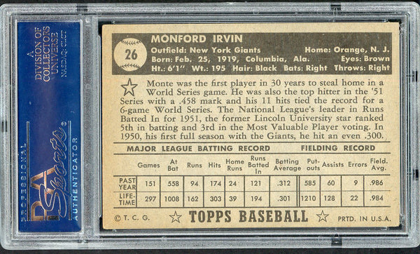 1952 Topps Baseball #026 Monte Irvin Giants PSA 5 EX Black 554748