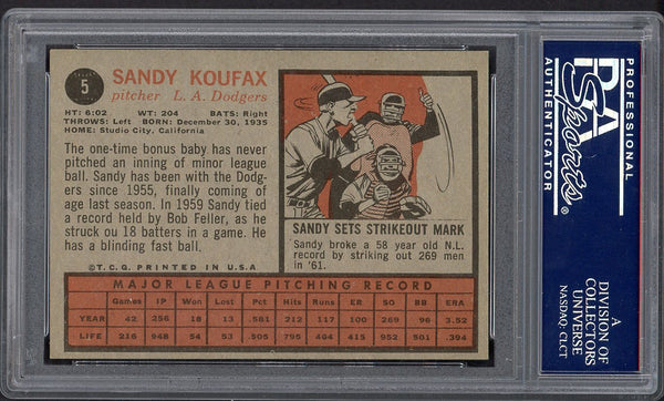 1962 Topps Baseball #005 Sandy Koufax Dodgers PSA 6 EX-MT 554791