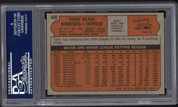 1972 Topps Baseball #400 Tony Oliva Twins PSA 8 NM/MT 554792