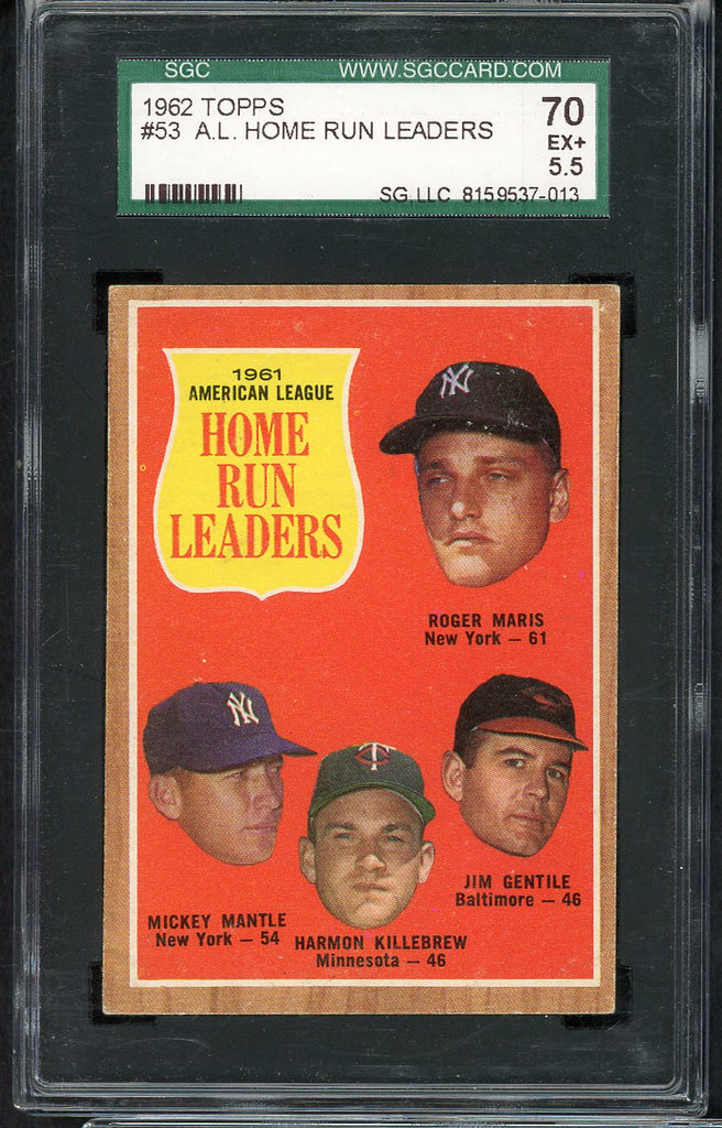 1962 Topps Baseball #053 A.L. Home Run Leaders Mickey Mantle SGC 5.5 EX+ 554845