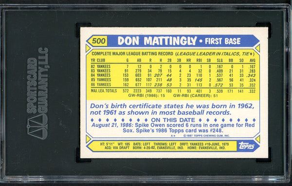 1987 Topps Tiffany #500 Don Mattingly Yankees SGC 10 GEM MINT 554872