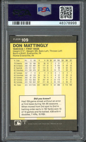 1986 Fleer #109 Don Mattingly Yankees PSA 9 MINT 554884
