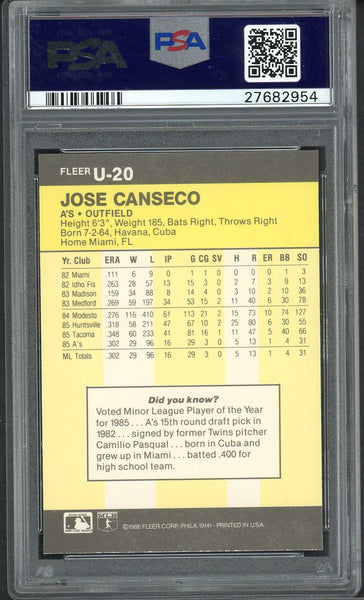 1986 Fleer Update #U20 Jose Canseco A's PSA 9 MINT 554885