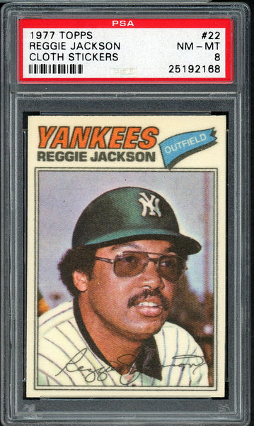 1977 Topps Baseball Cloth Stickers #022 Reggie Jackson Yankees PSA 8 NM/MT 554918