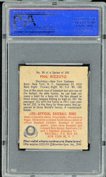 1949 Bowman Baseball #098 Phil Rizzuto Yankees PSA 4 VG-EX No Name 554954
