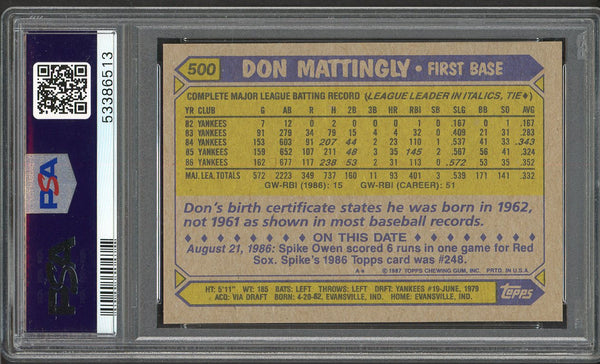 1987 Topps #500 Don Mattingly Yankees PSA 10 GEM MINT 554981