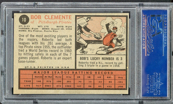 1962 Topps Baseball #010 Roberto Clemente Pirates PSA 5 EX mc 555116