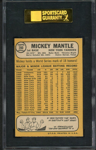 1968 Topps Baseball #280 Mickey Mantle Yankees SGC 5.5 EX+ 555205