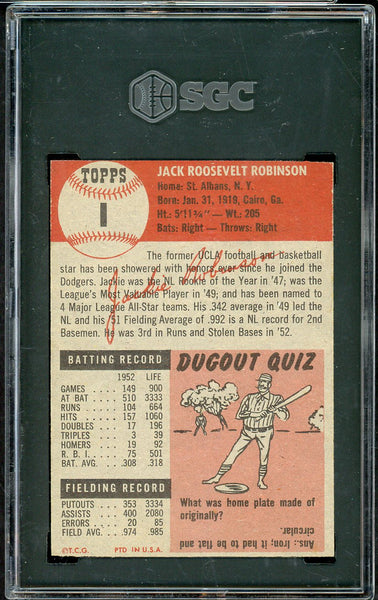 1953 Topps Baseball #001 Jackie Robinson Dodgers SGC Auth 555206